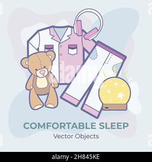 Comfortable sleep vector set isolated. Illustration items vector set for good sleep. Good night cartoon concept against sleep disorder insomnia depression. Self helping illustration purple blue colors Stock Vector