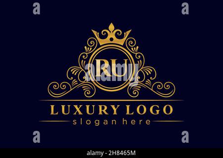 RU Initial Letter Gold calligraphic feminine floral hand drawn heraldic monogram antique vintage style luxury logo design Premium Stock Vector