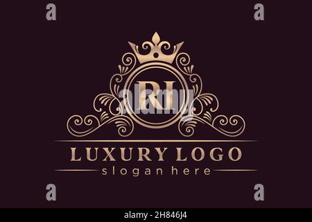 RI Initial Letter Gold calligraphic feminine floral hand drawn heraldic monogram antique vintage style luxury logo design Premium Stock Vector