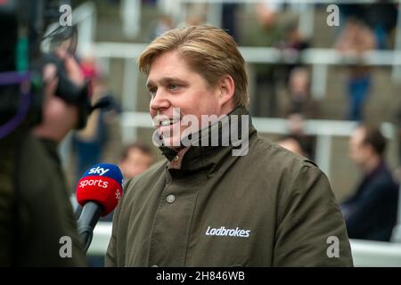 Ascot, Berkshire, UK. 19th November, 2021. This was a special day for racehorse trainer Dan Skelton (pictured) as today he celebrated having his 1,000th win with horse Faivoir ridden by jockey Harry Skelton winner of the Windsor Horse Rangers Novices' Limited Handicap Steeple Chase. Faivoir owner Mrs Suzanne Lawrence. Trainer Dan Skelton, Alcester. Breeder E.A.R.L Trinquet & M & O Trinquet. Credit: Maureen McLean/Alamy Stock Photo