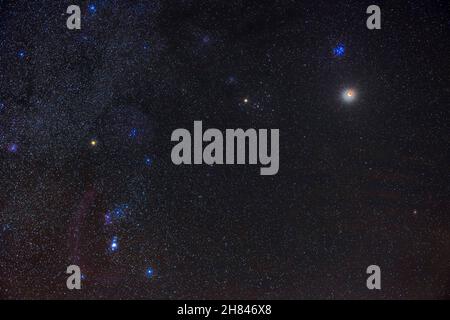 The partial eclipse of the Moon of November 19, 2021, with the Moon below the Pleiades star cluster, M45, and near the Hyades cluster and Aldebaran at Stock Photo
