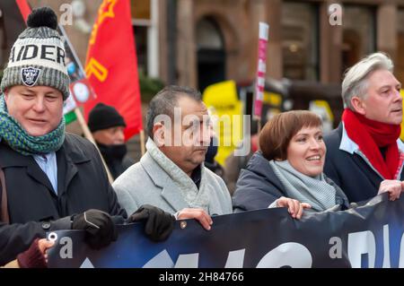 Glasgow, Scotland, UK. 27th November, 2021: Campaigners against racism and facism march through the streets of the city from Glasgow Green to Holland Street. The event was organised by the Scottish Trades Union Congress, STUC. Credit: Skully/Alamy Live News Stock Photo