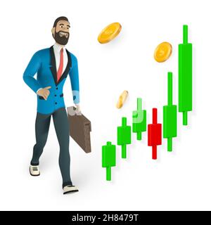 Trade of stock. Financial chart to buy and sell for stock exchange market concept. Businessman character in 3D cartoon stile. Chart of trade with cand Stock Vector