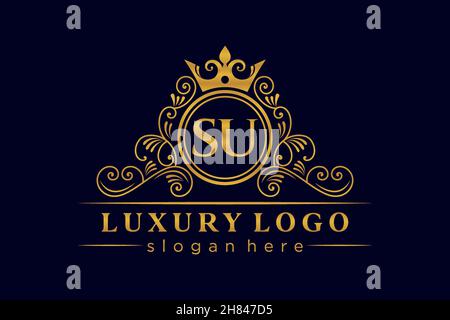 SU Initial Letter Gold calligraphic feminine floral hand drawn heraldic monogram antique vintage style luxury logo design Premium Stock Vector