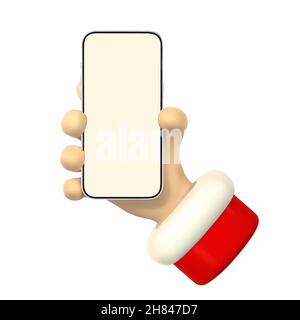 Cartoon character hand with smart phone, scrolling or searching for something. 3d render santa hand. Vector illustration. Stock Vector