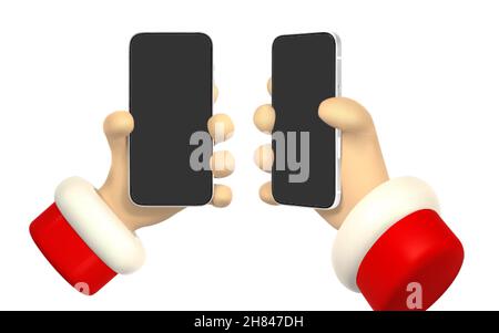 Cartoon character hand with smart phone, scrolling or searching for something. 3d render santa hand. Vector illustration. Stock Vector