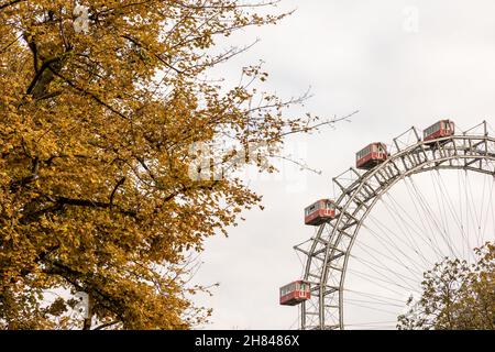 Wiener Riesenrad or Vienna Giant Ferris Wheel in autumn against a cloudy sky in Vienna, Austria Stock Photo