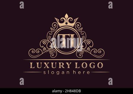 TI Initial Letter Gold calligraphic feminine floral hand drawn heraldic monogram antique vintage style luxury logo design Premium Stock Vector
