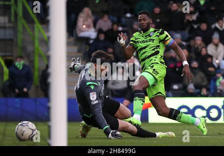 Forest Green Rovers' Jamille Matt scores their side's first goal of the gameduring the Sky Bet League Two match at The Fully Charged New Lawn, Nailsworth. Picture date: Saturday November 27, 2021. Stock Photo