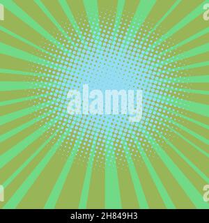green rays pop art halftone background. Comic starburst pattern. Cartoon banner with dots and rays. Vintage duotone texture. Vector illustration wow Stock Vector