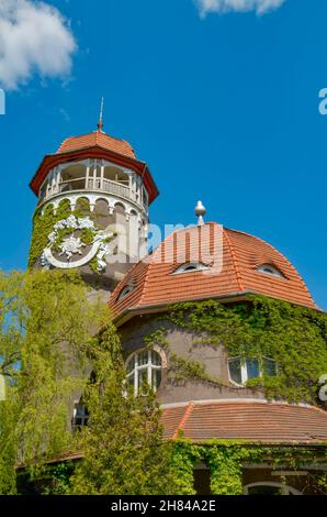 Svetlogorsk, Kaliningrad Oblast, Russia. June - 2. Balneary building with water tower. Building roof windows look like human eyes Stock Photo
