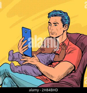 white man with black baby, a father and a child. multiethnic family. Homework, love and care Stock Vector