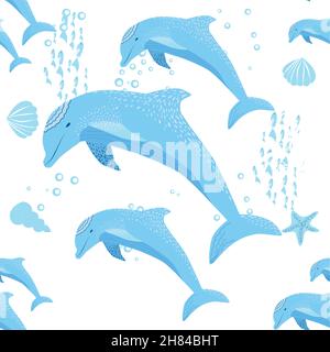 Dolphin, sea inhabitants seamless pattern, beautiful character among seashells, algae, starfish, marine wildlife. Stock Vector