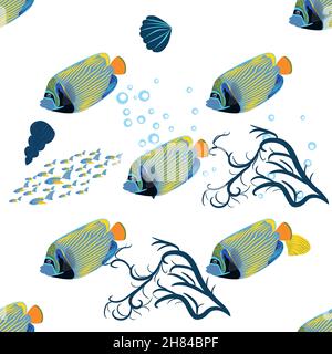 Emperor angelfish, Pomacanthus imperator seamless patterns, sea animal wildlife character. Nature underwater, marine wild ocean zoo fish Stock Vector