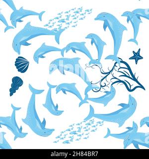 Dolphin, sea inhabitants seamless pattern, beautiful character among seashells, algae, starfish, marine wildlife. Stock Vector