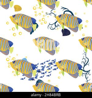 Emperor angelfish, Pomacanthus imperator seamless patterns, sea animal wildlife character. Nature underwater, marine wild ocean zoo fish Stock Vector