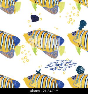 Emperor angelfish, Pomacanthus imperator seamless patterns, sea animal wildlife character. Nature underwater, marine wild ocean zoo fish Stock Vector