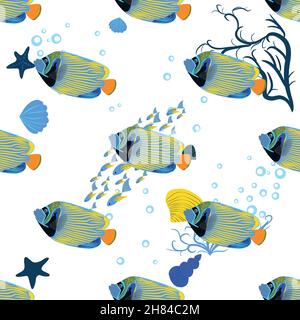 Emperor angelfish, Pomacanthus imperator seamless patterns, sea animal wildlife character. Nature underwater, marine wild ocean zoo fish Stock Vector