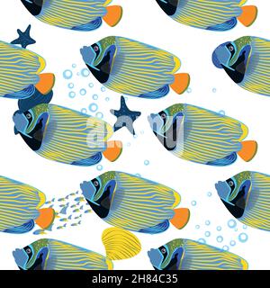 Emperor angelfish, Pomacanthus imperator seamless patterns, sea animal wildlife character. Nature underwater, marine wild ocean zoo fish Stock Vector
