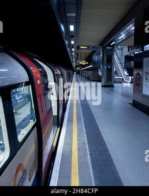 Tube Train parked in Battersea Power Station Underground station on the London Underground Northern Line. Northern Line Extension Stock Photo