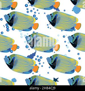 Emperor angelfish, Pomacanthus imperator seamless patterns, sea animal wildlife character. Nature underwater, marine wild ocean zoo fish Stock Vector