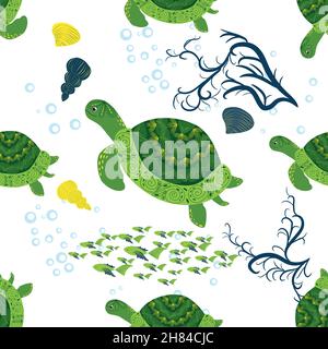 Turtle green seamless pattern, beautiful character among seashells, seaweed, starfish, sea animals wildlife nature. Nature underwater, marine wild fish in the ocean zoo Stock Vector