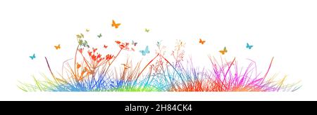 Silhouette of Rainbow grass. Flowers and butterflies on a multi-colored meadow. Vector illustration Stock Vector