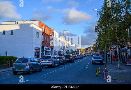 West Wickham, Kent, UK. Cars on West Wickham High Street queuing near Marks and Spencer. Borough of Bromley in Greater London. Stock Photo
