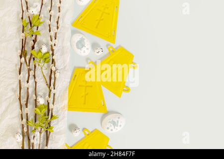 Preparation for Easter. Holiday spring composition with decoration for making Easter cake and decor for coloring eggs and willow twigs on a blue backg Stock Photo