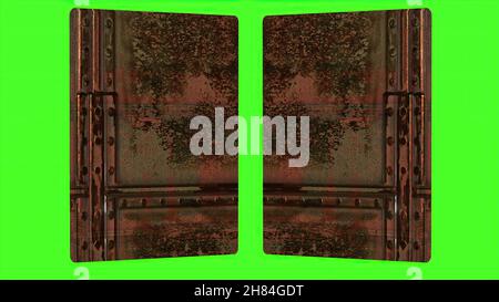 3d illustration - metal door opening to green screen Stock Photo