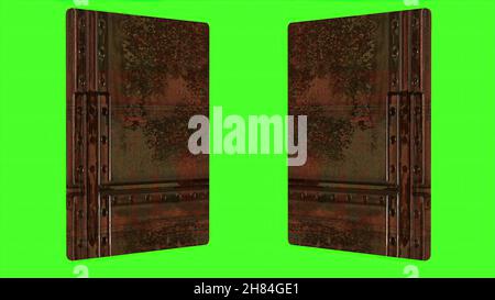 3d illustration - metal door opening to green screen Stock Photo