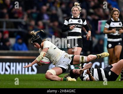 Twickenham, United Kingdom. 27th Nov, 2021. Autumn International Rugby. Barbarians Women V Springbok Women. Twickenham stadium. London. Catha Jacobs (Springbok Women) is tackled by Laura Russell (Barbarians and Toronto Nomads). Credit: Sport In Pictures/Alamy Live News Stock Photo