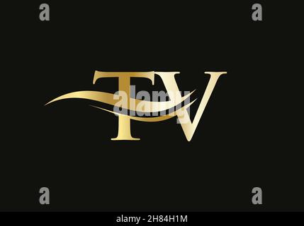 TV T V Swoosh Letter Logo Design with Modern Yellow Swoosh Curved Lines ...