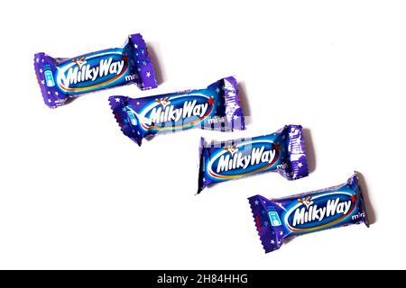 Belarus, Novopolotsk - 19 november, 2021: Milky Way Bars isolated on white background Stock Photo