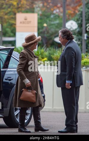 Ascot, Berkshire, UK. 20th November, 2021. Camilla, Duchess of Cornwall was met by Sir Francis Brooke, Her Majesty’s Representative and Chairman, Ascot Racecourse as she arrived at Ascot Races today for the November Racing Weekend. Credit: Maureen McLean/Alamy Stock Photo