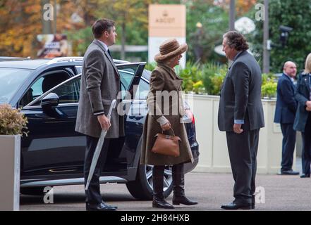 Ascot, Berkshire, UK. 20th November, 2021. Camilla, Duchess of Cornwall was met by Sir Francis Brooke, Her Majesty’s Representative and Chairman, Ascot Racecourse as she arrived at Ascot Races today for the November Racing Weekend. Credit: Maureen McLean/Alamy Stock Photo