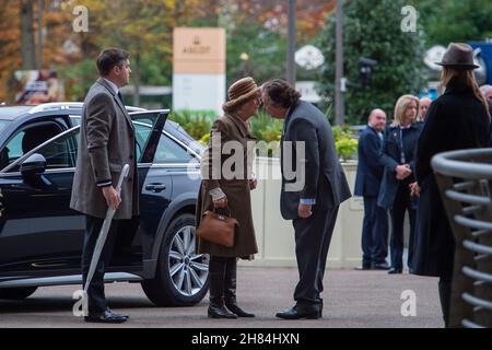 Ascot, Berkshire, UK. 20th November, 2021. Camilla, Duchess of Cornwall was met by Sir Francis Brooke, Her Majesty’s Representative and Chairman, Ascot Racecourse as she arrived at Ascot Races today for the November Racing Weekend. Credit: Maureen McLean/Alamy Stock Photo