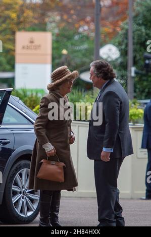 Ascot, Berkshire, UK. 20th November, 2021. Camilla, Duchess of Cornwall was met by Sir Francis Brooke, Her Majesty’s Representative and Chairman, Ascot Racecourse as she arrived at Ascot Races today for the November Racing Weekend. Credit: Maureen McLean/Alamy Stock Photo