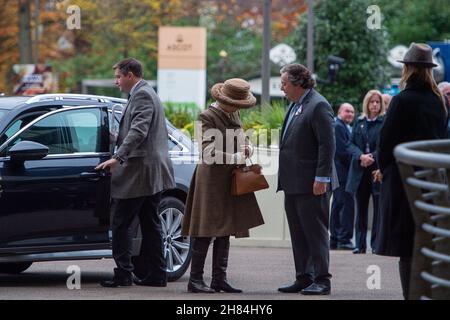 Ascot, Berkshire, UK. 20th November, 2021. Camilla, Duchess of Cornwall was met by Sir Francis Brooke, Her Majesty’s Representative and Chairman, Ascot Racecourse as she arrived at Ascot Races today for the November Racing Weekend. Credit: Maureen McLean/Alamy Stock Photo