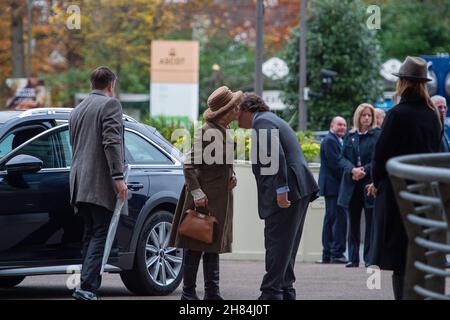 Ascot, Berkshire, UK. 20th November, 2021. Camilla, Duchess of Cornwall was met by Sir Francis Brooke, Her Majesty’s Representative and Chairman, Ascot Racecourse as she arrived at Ascot Races today for the November Racing Weekend. Credit: Maureen McLean/Alamy Stock Photo