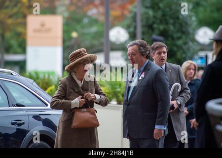 Ascot, Berkshire, UK. 20th November, 2021. Camilla, Duchess of Cornwall was met by Sir Francis Brooke, Her Majesty’s Representative and Chairman, Ascot Racecourse as she arrived at Ascot Races today for the November Racing Weekend. Credit: Maureen McLean/Alamy Stock Photo