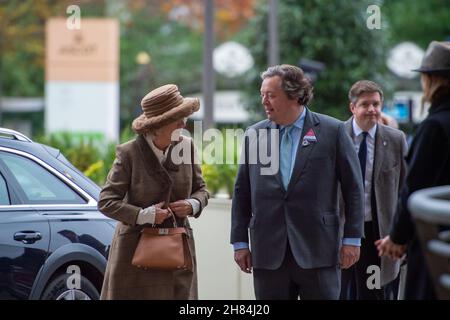 Ascot, Berkshire, UK. 20th November, 2021. Camilla, Duchess of Cornwall was met by Sir Francis Brooke, Her Majesty’s Representative and Chairman, Ascot Racecourse as she arrived at Ascot Races today for the November Racing Weekend. Credit: Maureen McLean/Alamy Stock Photo