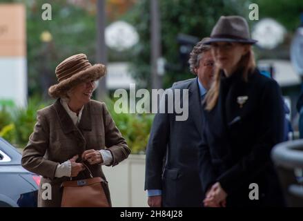 Ascot, Berkshire, UK. 20th November, 2021. Camilla, Duchess of Cornwall was met by Sir Francis Brooke, Her Majesty’s Representative and Chairman, Ascot Racecourse as she arrived at Ascot Races today for the November Racing Weekend. Credit: Maureen McLean/Alamy Stock Photo