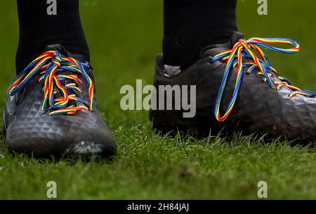 Close up of an assistant referee's Rainbow Laces during the Sky Bet Championship match at the bet365 Stadium, Stoke-on-Trent. Picture date: Saturday November 27, 2021. Stock Photo