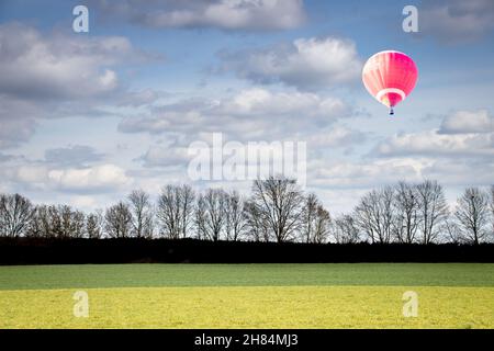 a row of trees silhouetted against a cloudy blue sky with a red hot air balloon flying by Stock Photo