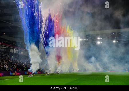 Brighton, UK. 27th Nov, 2021. Fireworks in support of the Rainbow Laces campaign before the Premier League match between Brighton & Hove Albion and Leeds United at The Amex on November 27th 2021 in Brighton, England. (Photo by Jeff Mood/phcimages.com) Credit: PHC Images/Alamy Live News Stock Photo