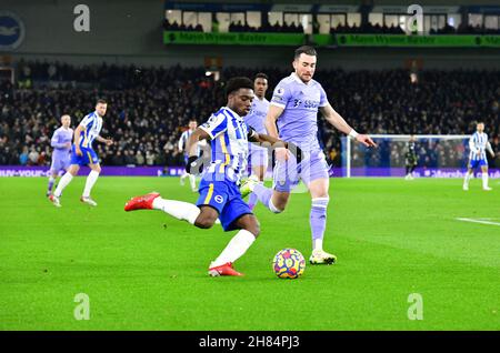 Brighton, UK. 27th Nov, 2021. Tariq Lamptey of Brighton and Hove Albion crosswes the ball into the box during the Premier League match between Brighton & Hove Albion and Leeds United at The Amex on November 27th 2021 in Brighton, England. (Photo by Jeff Mood/phcimages.com) Credit: PHC Images/Alamy Live News Stock Photo