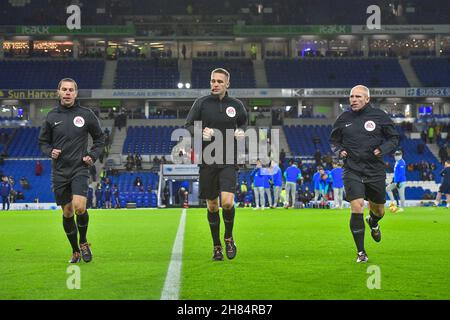 Brighton, UK. 27th Nov, 2021. The match officials warm up before the Premier League match between Brighton & Hove Albion and Leeds United at The Amex on November 27th 2021 in Brighton, England. (Photo by Jeff Mood/phcimages.com) Credit: PHC Images/Alamy Live News Stock Photo