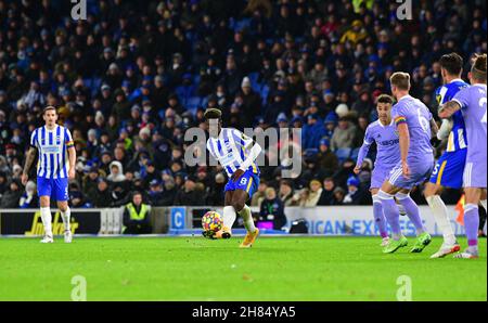 Brighton, UK. 27th Nov, 2021. Yves Bissouma of Brighton and Hove Albion has an attempt on goal during the Premier League match between Brighton & Hove Albion and Leeds United at The Amex on November 27th 2021 in Brighton, England. (Photo by Jeff Mood/phcimages.com) Credit: PHC Images/Alamy Live News Stock Photo