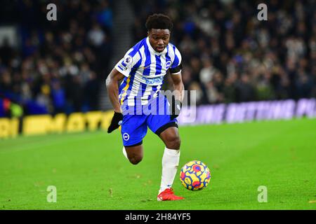 Brighton, UK. 27th Nov, 2021. Tariq Lamptey of Brighton and Hove Albion runs with the ball during the Premier League match between Brighton & Hove Albion and Leeds United at The Amex on November 27th 2021 in Brighton, England. (Photo by Jeff Mood/phcimages.com) Credit: PHC Images/Alamy Live News Stock Photo